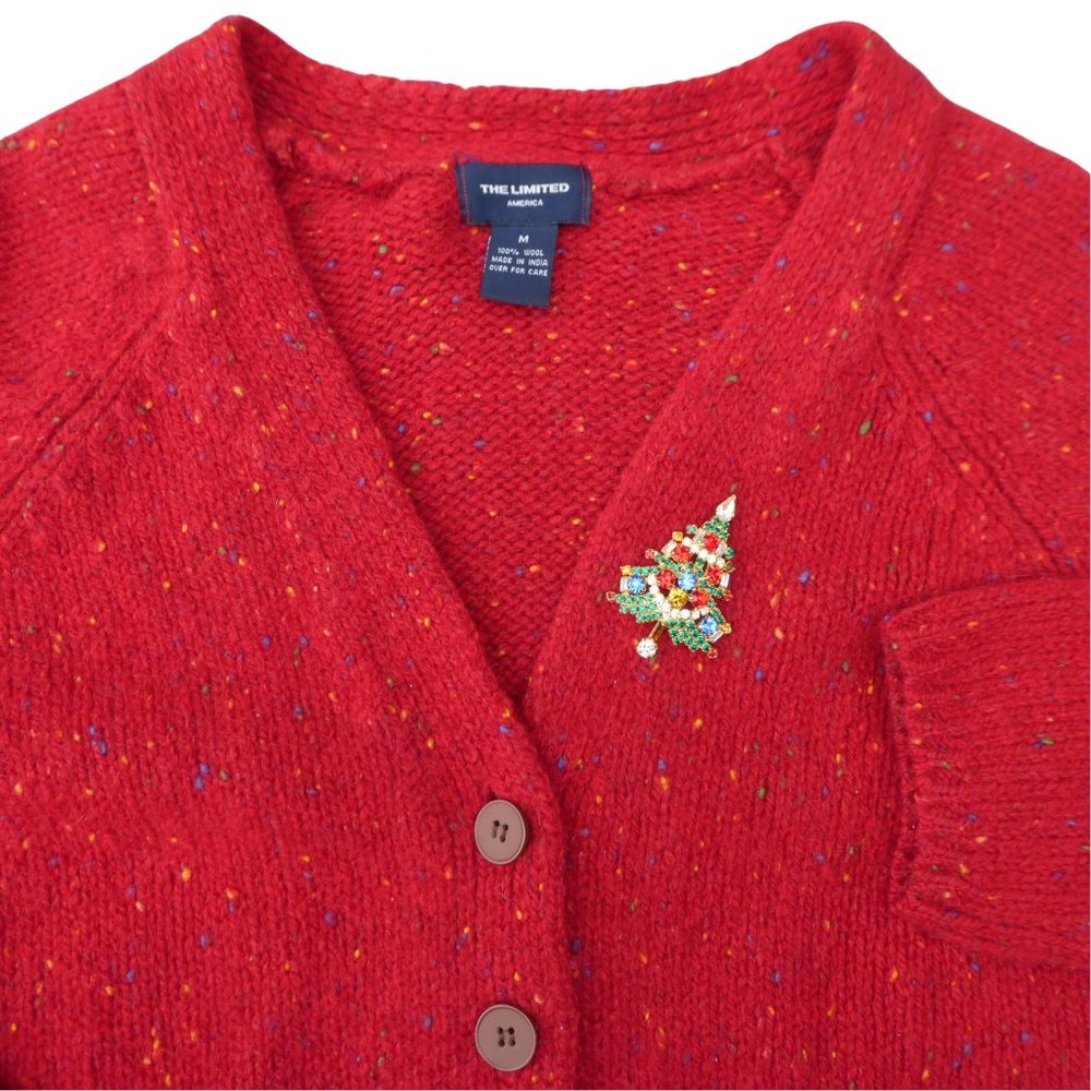 WooL Vintage The Limited Red Flecked Sweater Cardigan Christmas Tree Brooch M